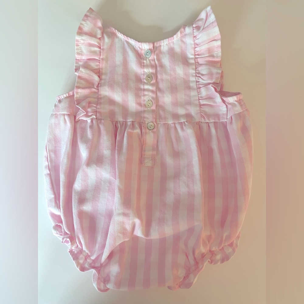 Petite Plume Baby’s Twill Ruffled Romper in Pink Gingham. - Picture 2 of 4